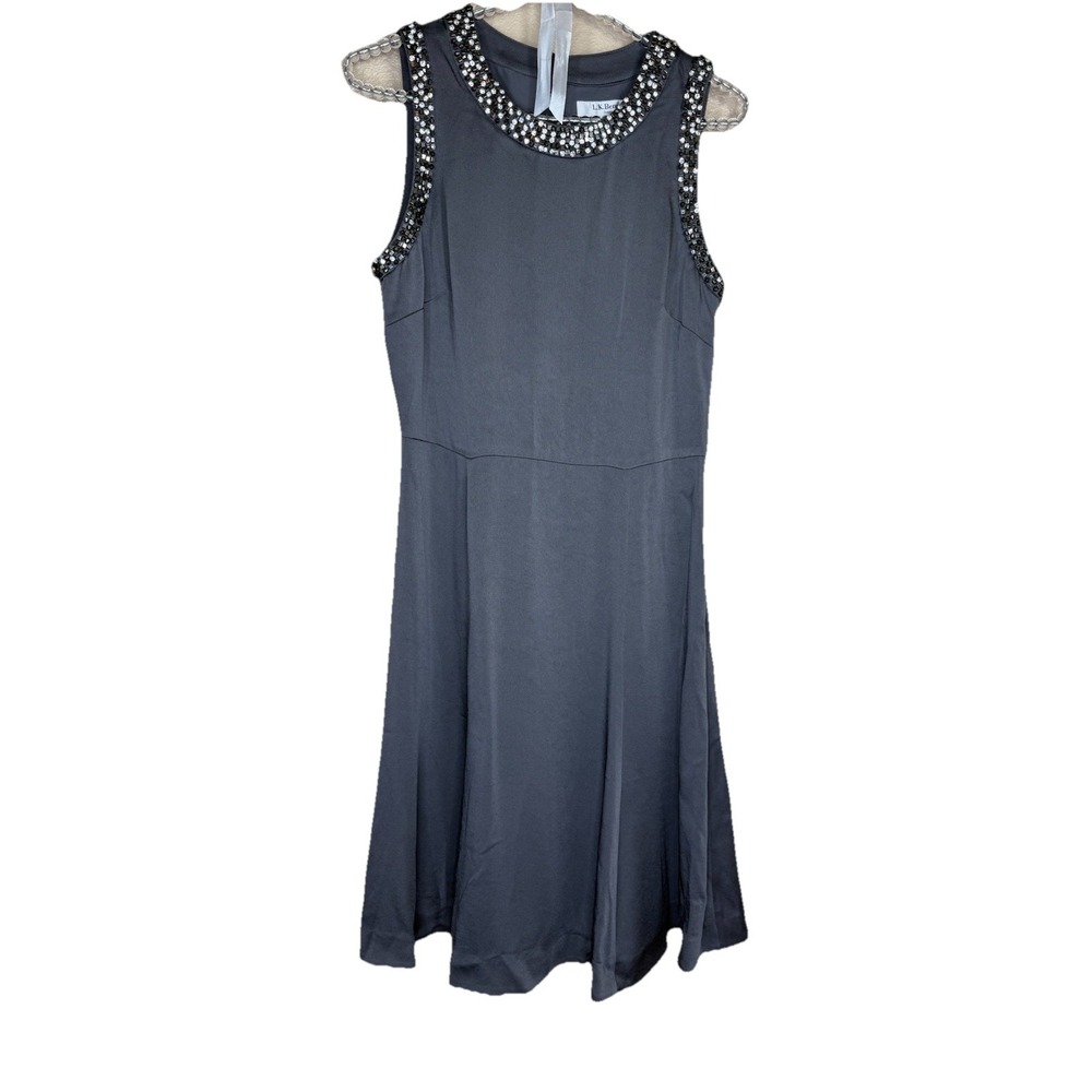 L.K. Bennett London Gray Embellished Cocktail Dress Sz 6 Beaded Neckline